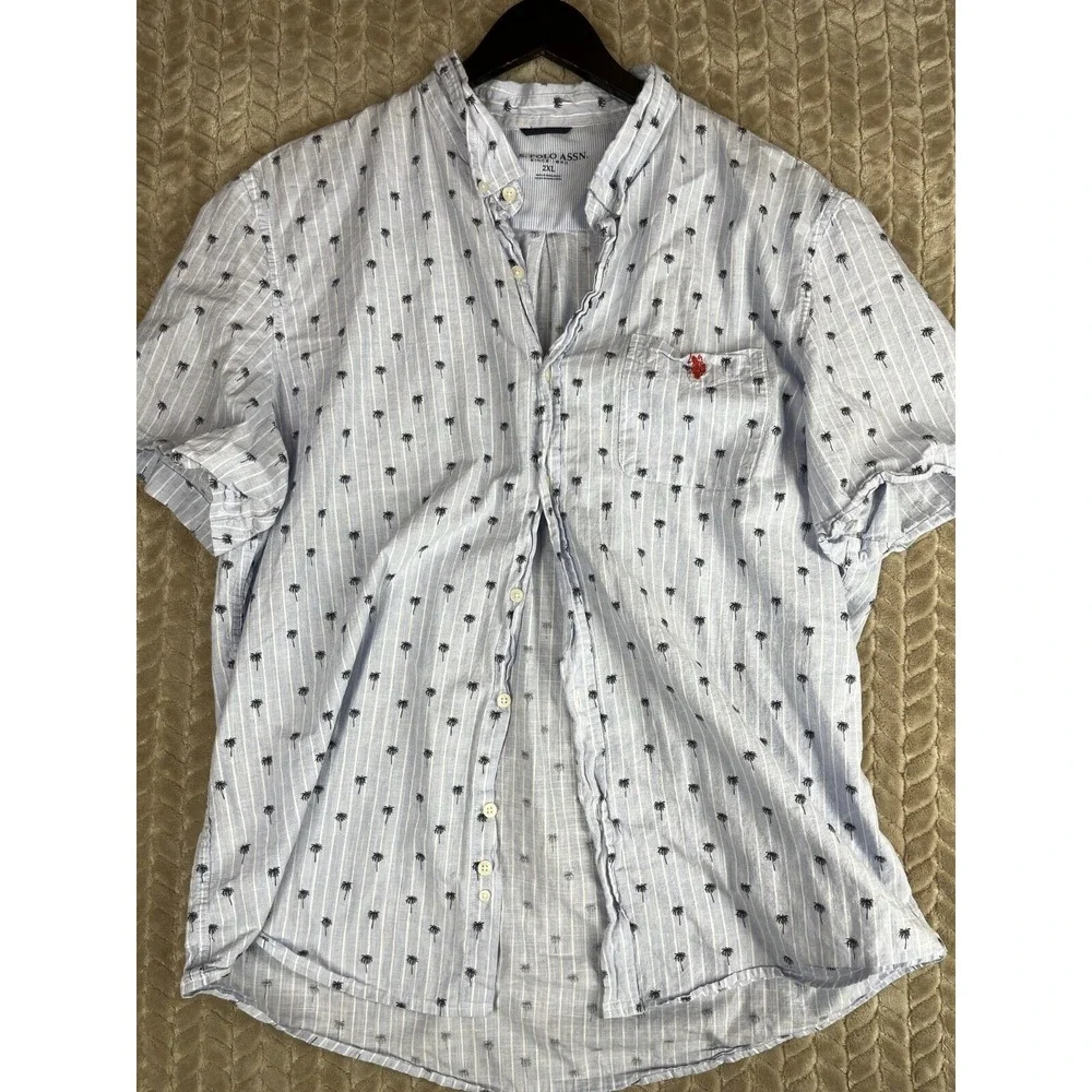 U.S. Polo ASSN. Button Shirt Mens 2XL Blue Striped Palm‎ Tree All Over